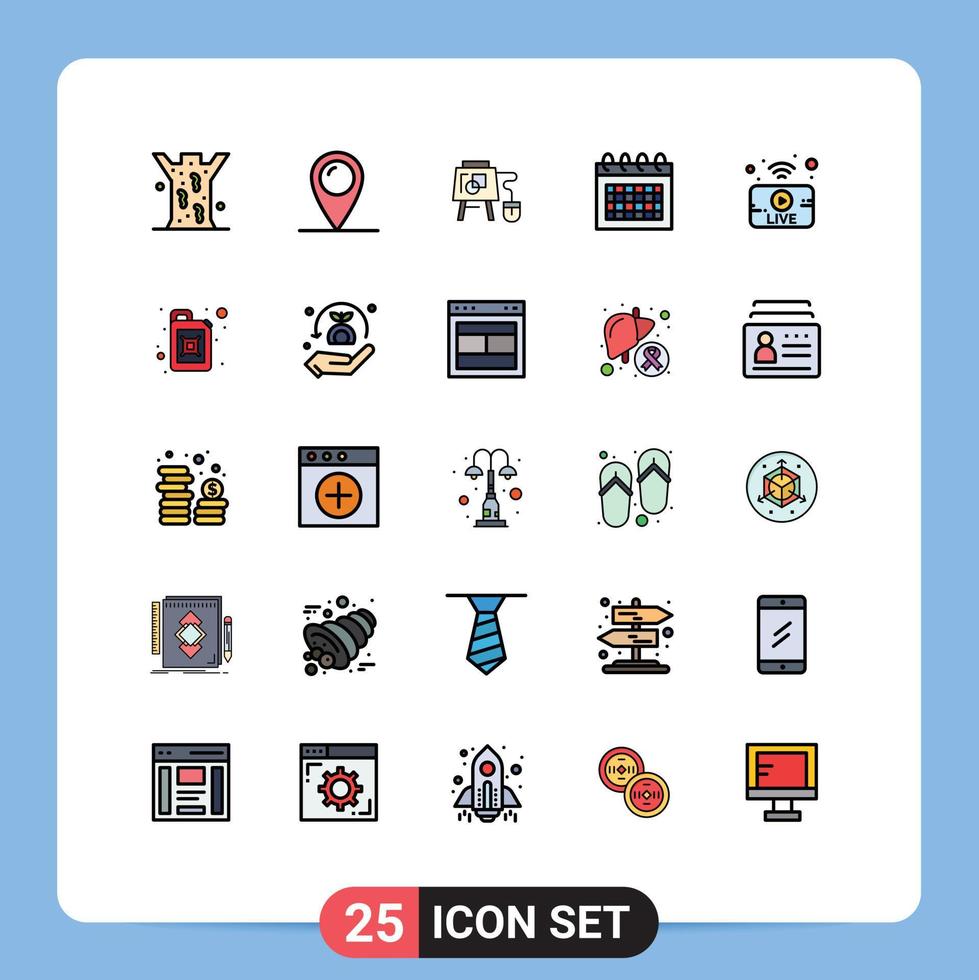 25 líneas llenas de vectores temáticos colores planos y símbolos editables de tiempo de transmisión calendario de programación del mouse elementos de diseño de vectores editables