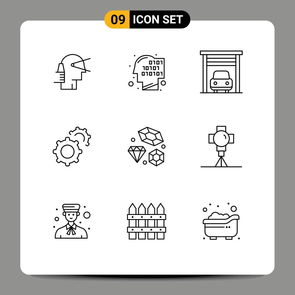 paquete de 9 signos y símbolos de contornos modernos para medios de impresión web, como elementos de diseño de vectores editables de engranajes de configuración de reconocimiento de diamantes cardíacos