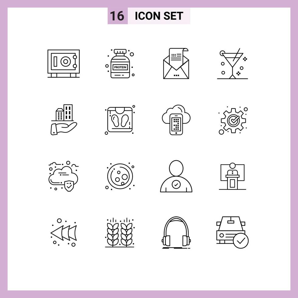 Group of 16 Outlines Signs and Symbols for modern architecture greeting summer cocktail Editable Vector Design Elements