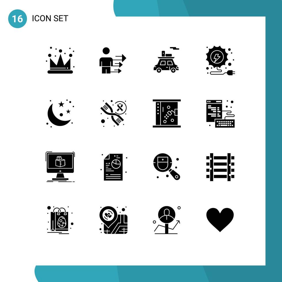 16 User Interface Solid Glyph Pack of modern Signs and Symbols of stars planet sports moon energy Editable Vector Design Elements