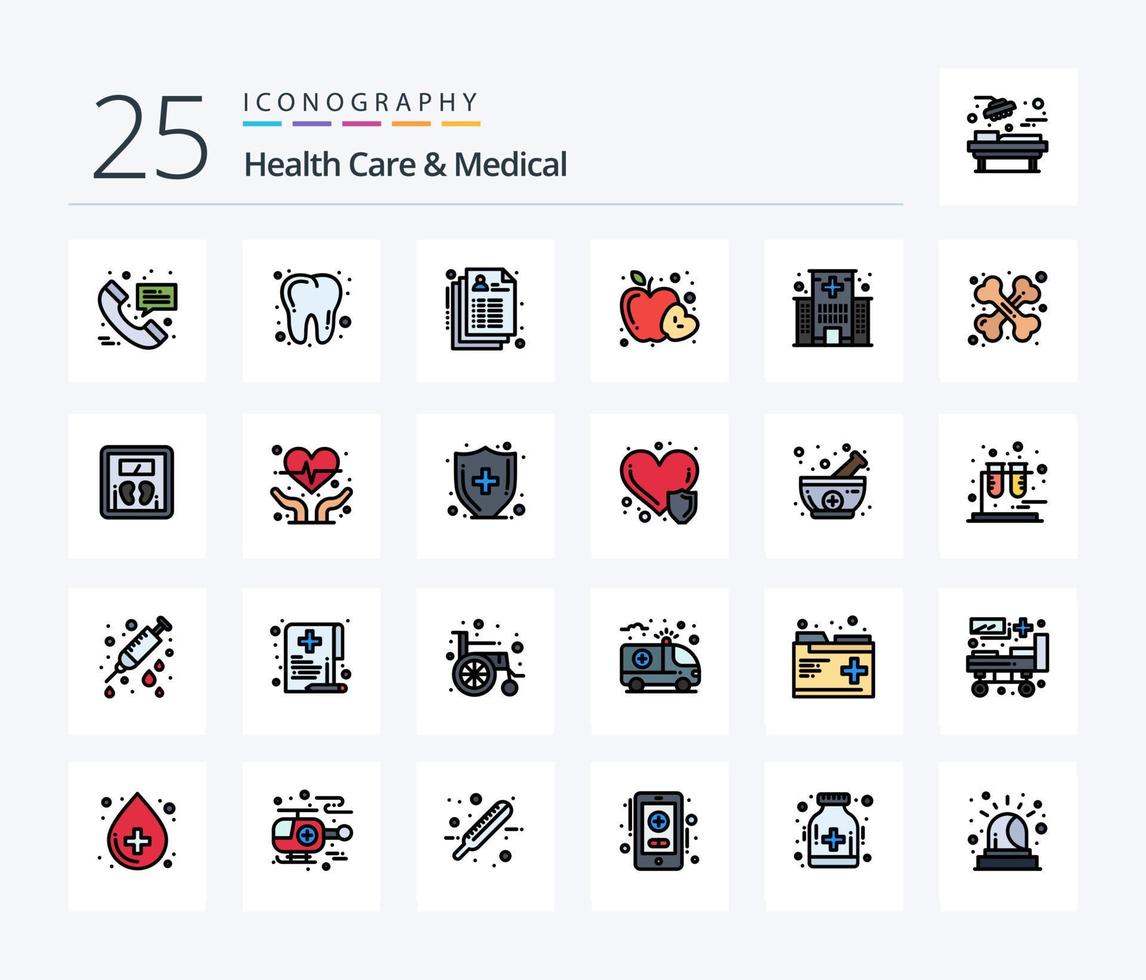 cuidado de la salud y paquete de iconos llenos de 25 líneas médicas, incluida la salud. edificio. salud. salud. alimento vector