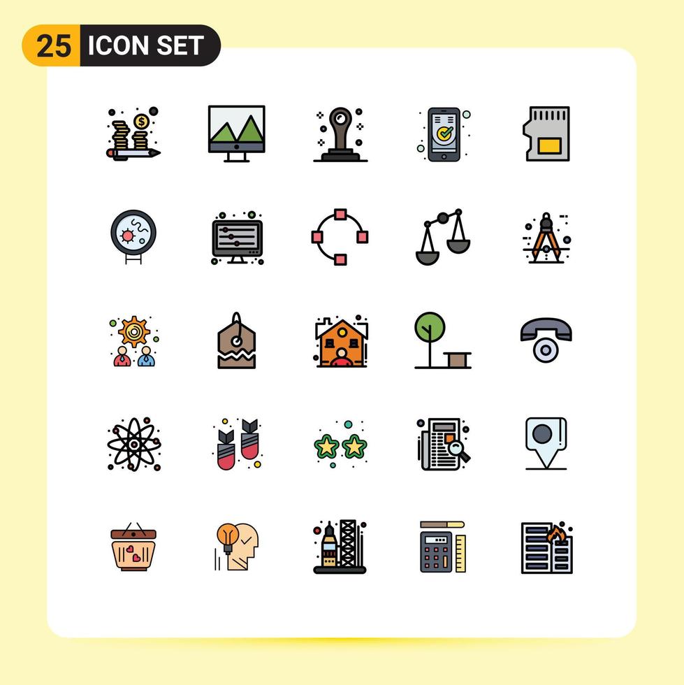 paquete de 25 modernos signos y símbolos de colores planos de línea rellena para medios de impresión web, como el sello de la tarjeta sd de almacenamiento, la electrónica móvil, los elementos de diseño vectorial editables vector