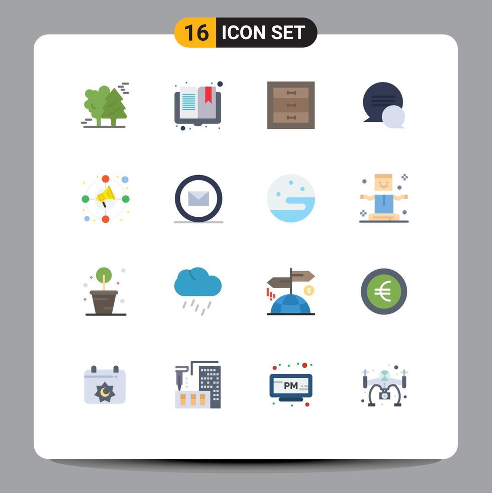 Pack of 16 Modern Flat Colors Signs and Symbols for Web Print Media such as increase messages reading conversation interior Editable Pack of Creative Vector Design Elements