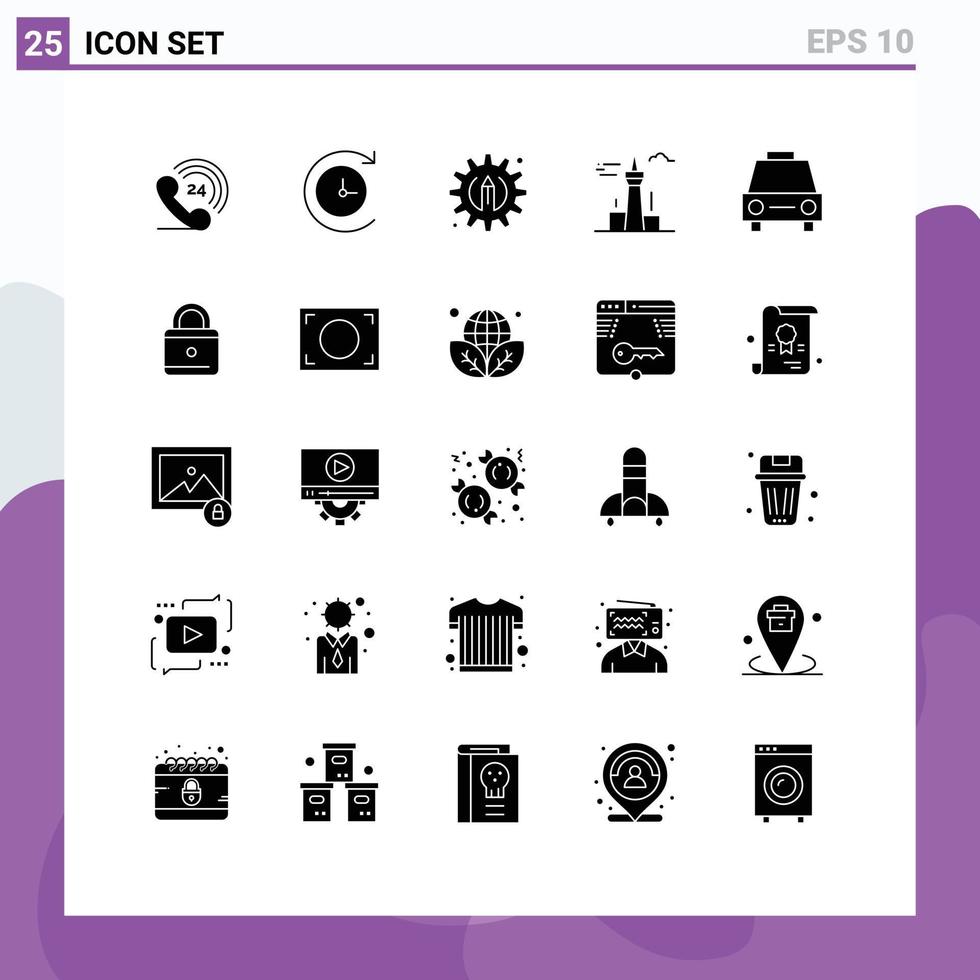25 iconos creativos, signos y símbolos modernos de arquitectura de tráfico de vehículos y sedán de ciudad, elementos de diseño de vectores editables emblemáticos