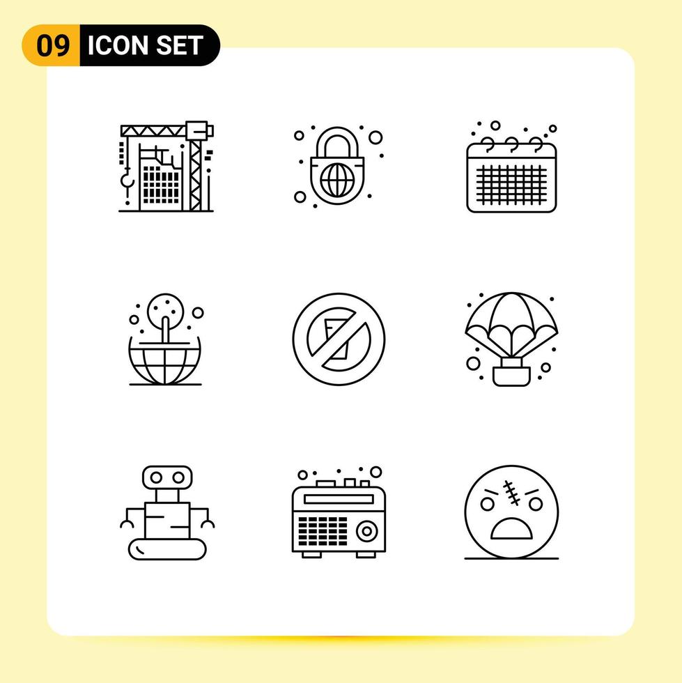 9 User Interface Outline Pack of modern Signs and Symbols of fasting globe globe with lock earth note Editable Vector Design Elements