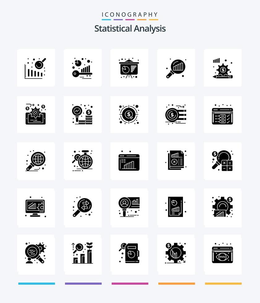 Creative Statistical Analysis 25 Glyph Solid Black icon pack  Such As analytics. finance. poster presentation. diagram. search stats vector