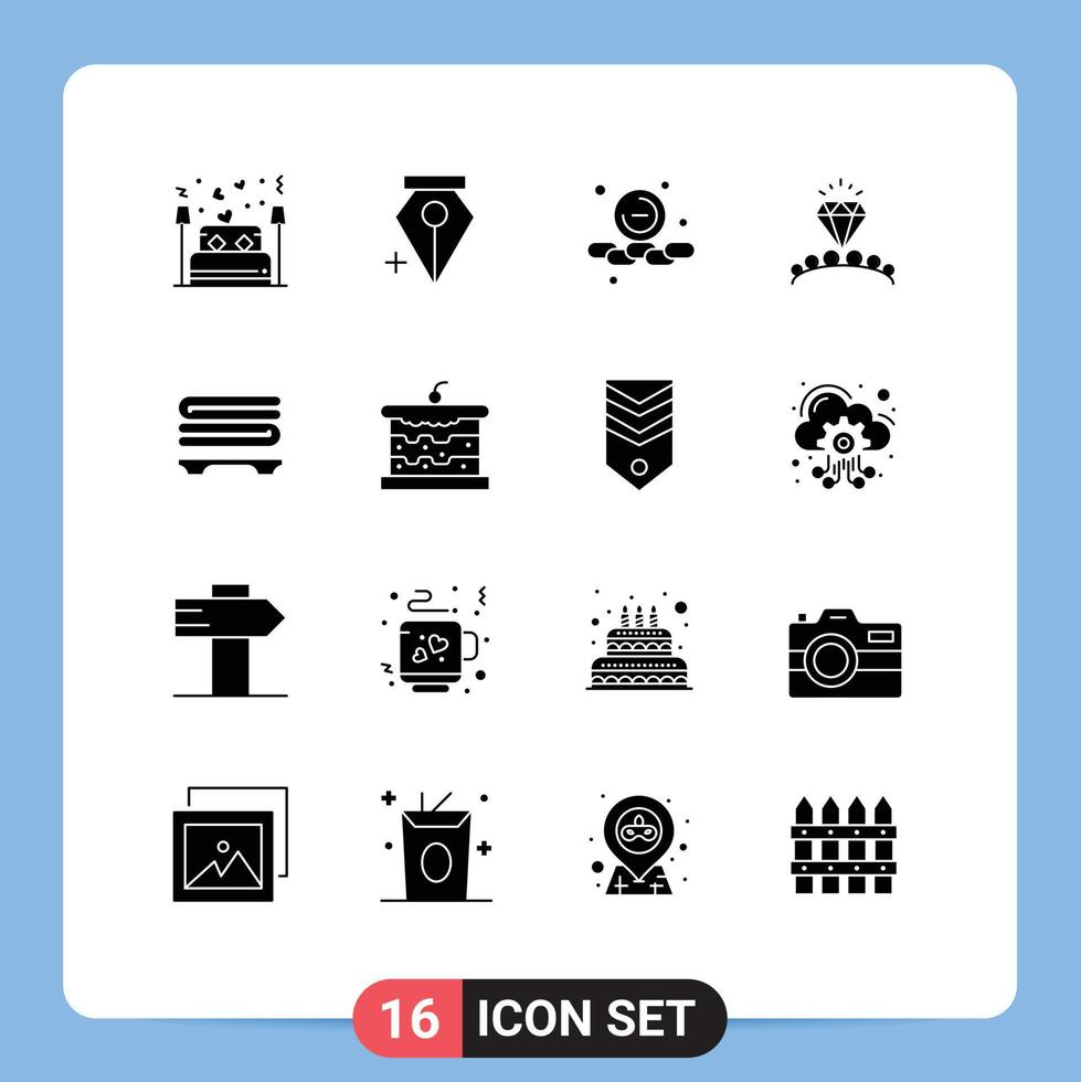 Solid Glyph Pack of 16 Universal Symbols of towels wedding less heart diamond Editable Vector Design Elements