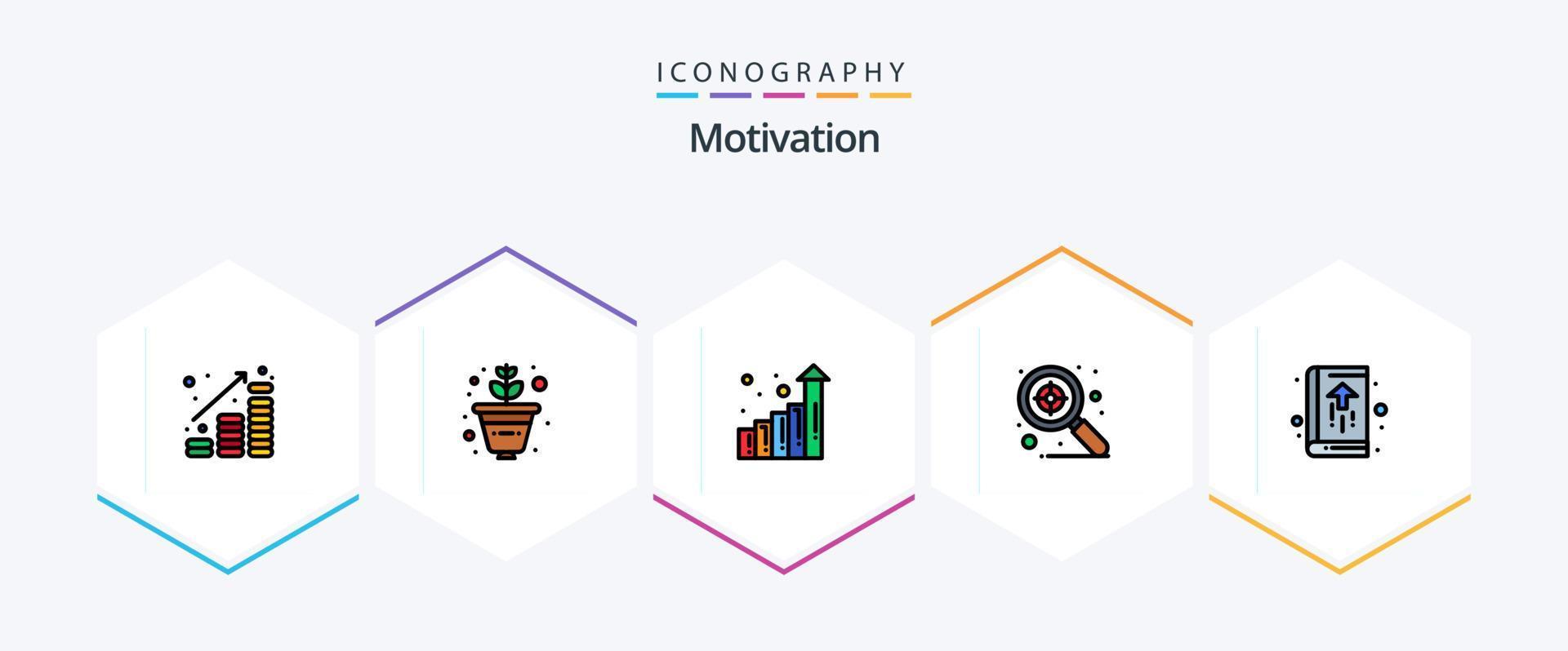 Motivation 25 FilledLine icon pack including growth. book. graph. agenda. search vector
