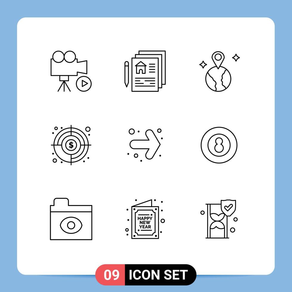 Set of 9 Modern UI Icons Symbols Signs for back finding goal pen target aim Editable Vector Design Elements