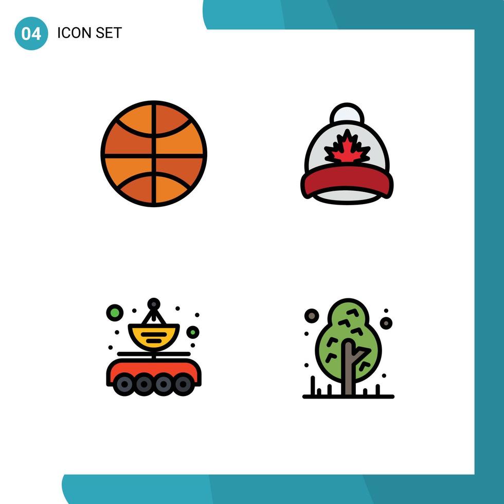 conjunto moderno de 4 colores planos y símbolos de línea de llenado, como elementos de diseño vectorial editables de parábola de hoja de vacaciones de coche de baloncesto vector