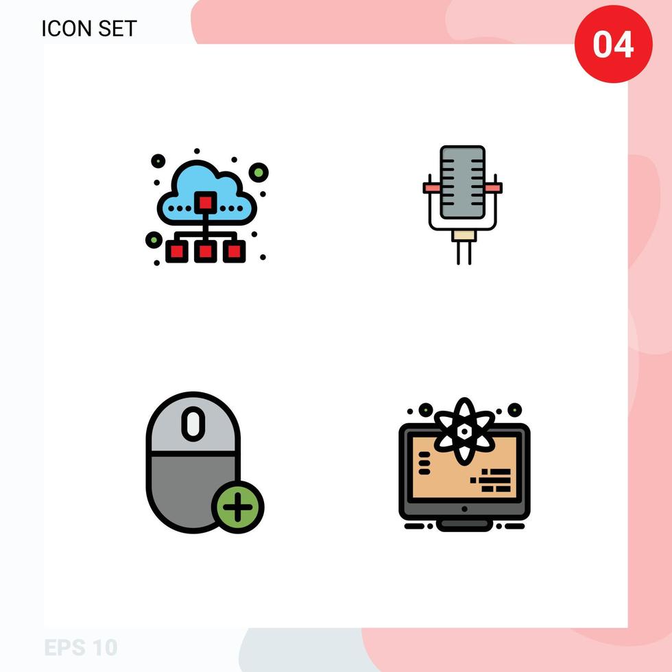 paquete de línea de vector editable de 4 colores planos de línea rellena simple de nube agregar dispositivos multimedia de tráfico de datos elementos de diseño de vector editable