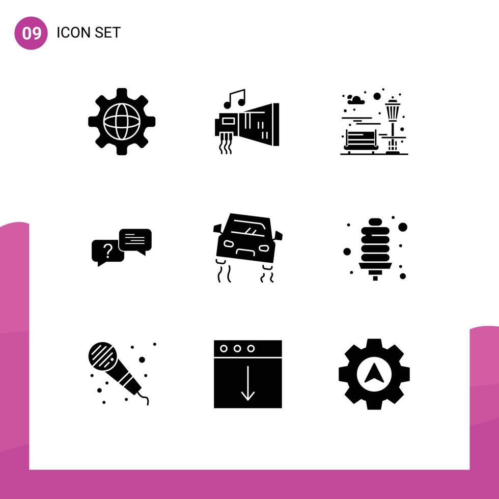 User Interface Pack of 9 Basic Solid Glyphs of car message bench popup chat Editable Vector Design Elements