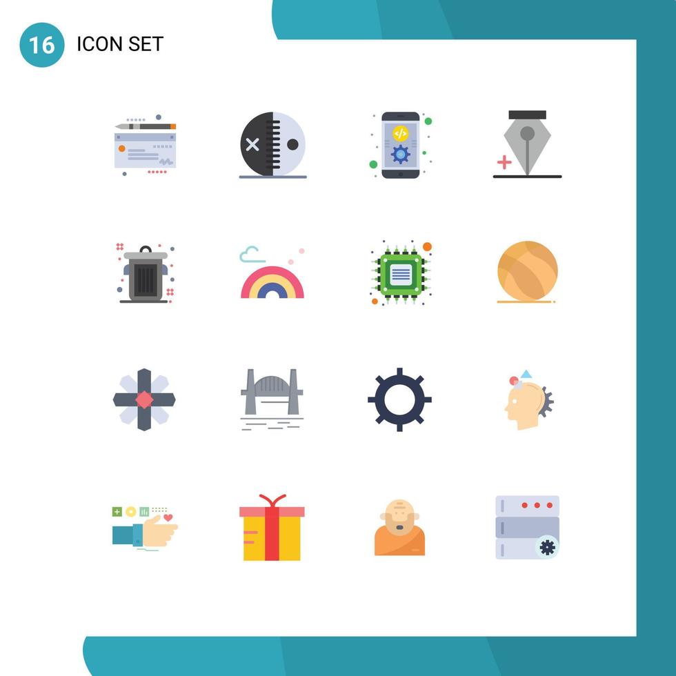 conjunto moderno de 16 pictogramas de colores planos de la pluma de la aplicación de papelera agrega un paquete editable de elementos de diseño de vectores creativos