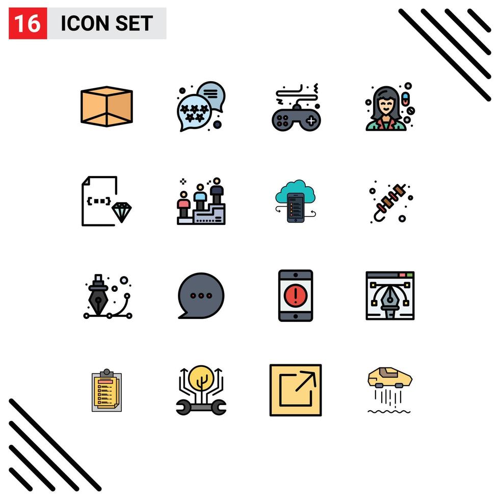 Modern Set of 16 Flat Color Filled Lines and symbols such as development coding controller woman medicine Editable Creative Vector Design Elements