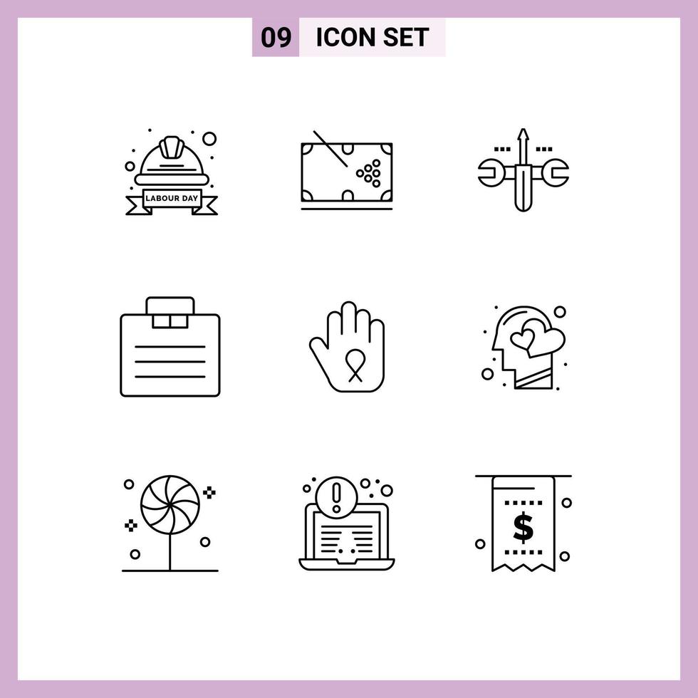 Pack of 9 Modern Outlines Signs and Symbols for Web Print Media such as suitcase business stick briefcase screwdriver Editable Vector Design Elements