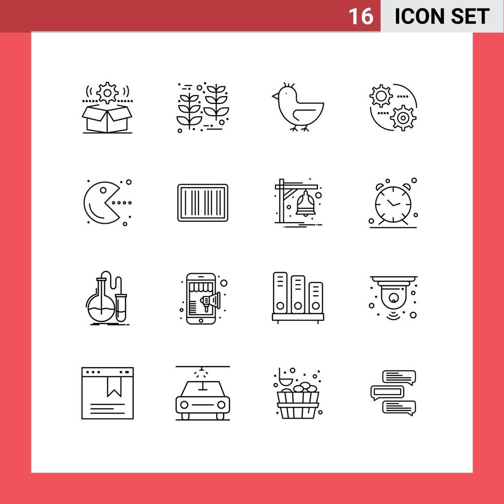 16 User Interface Outline Pack of modern Signs and Symbols of pacman gear wheat setting spring Editable Vector Design Elements