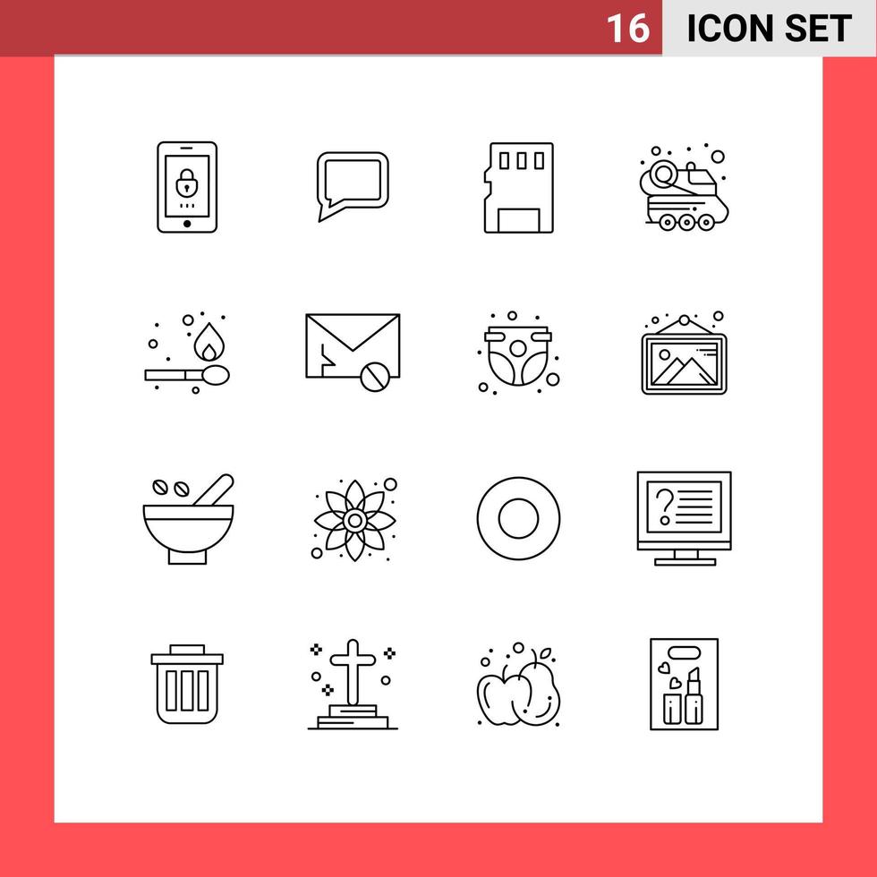 16 User Interface Outline Pack of modern Signs and Symbols of match camping memory spacecraft space Editable Vector Design Elements