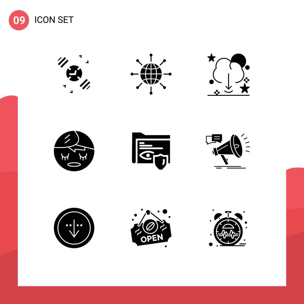 Pack of 9 Modern Solid Glyphs Signs and Symbols for Web Print Media such as folder element cloud face server Editable Vector Design Elements