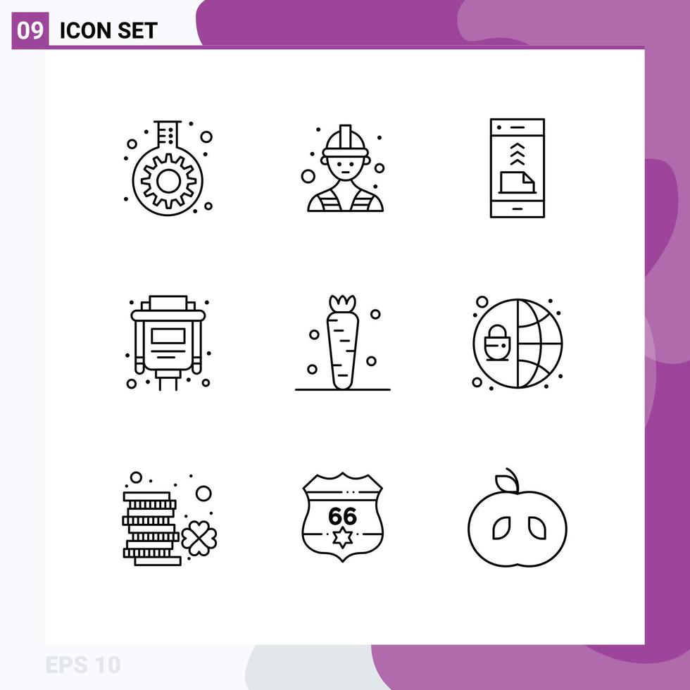 9 Universal Outlines Set for Web and Mobile Applications food carrot contact vga cable Editable Vector Design Elements