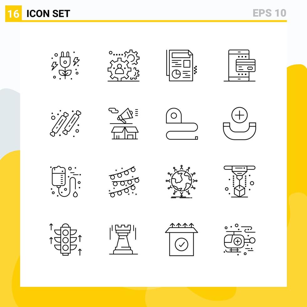 Set of 16 Vector Outlines on Grid for food smartphone document payment mobile Editable Vector Design Elements