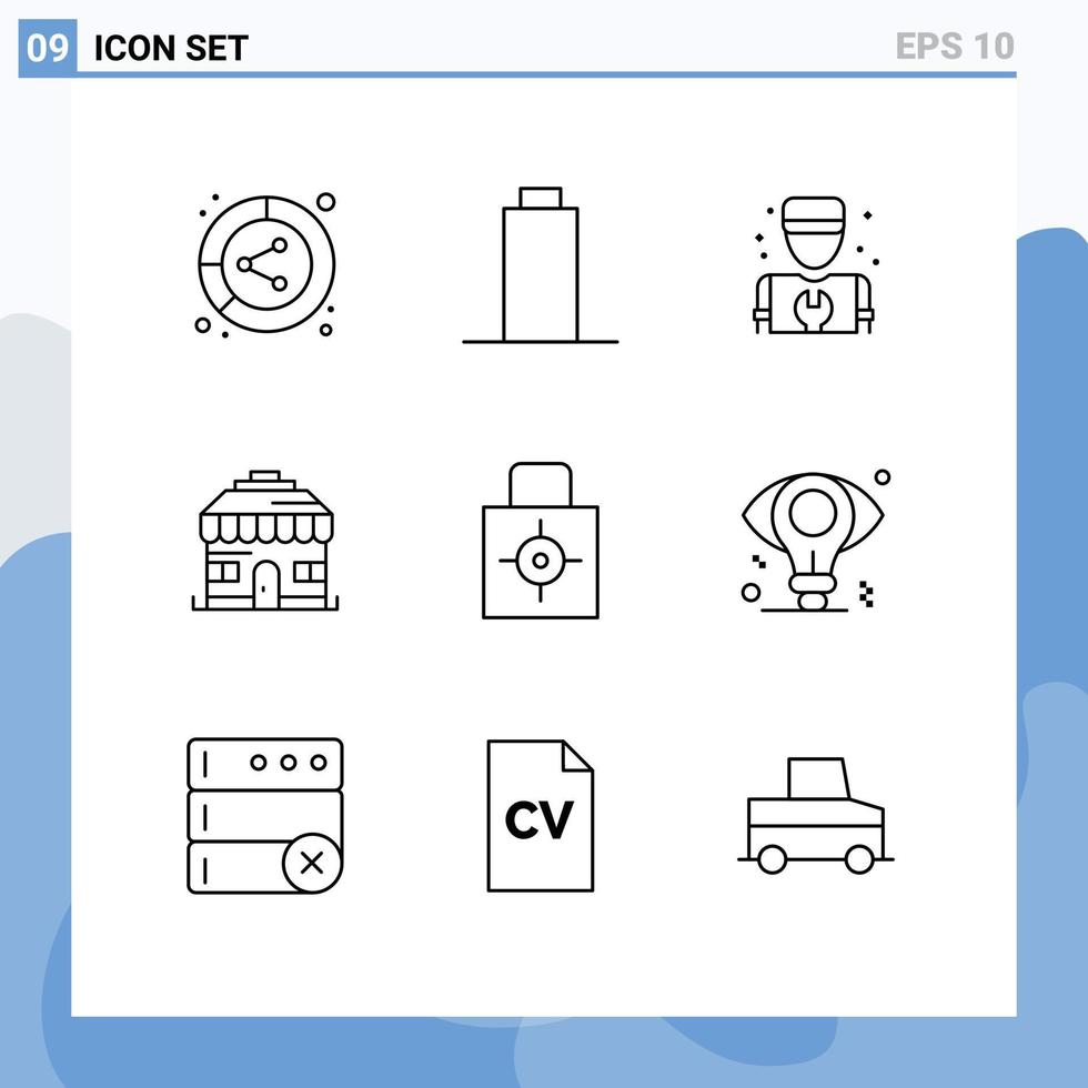 Universal Icon Symbols Group of 9 Modern Outlines of protect key man shop building Editable Vector Design Elements