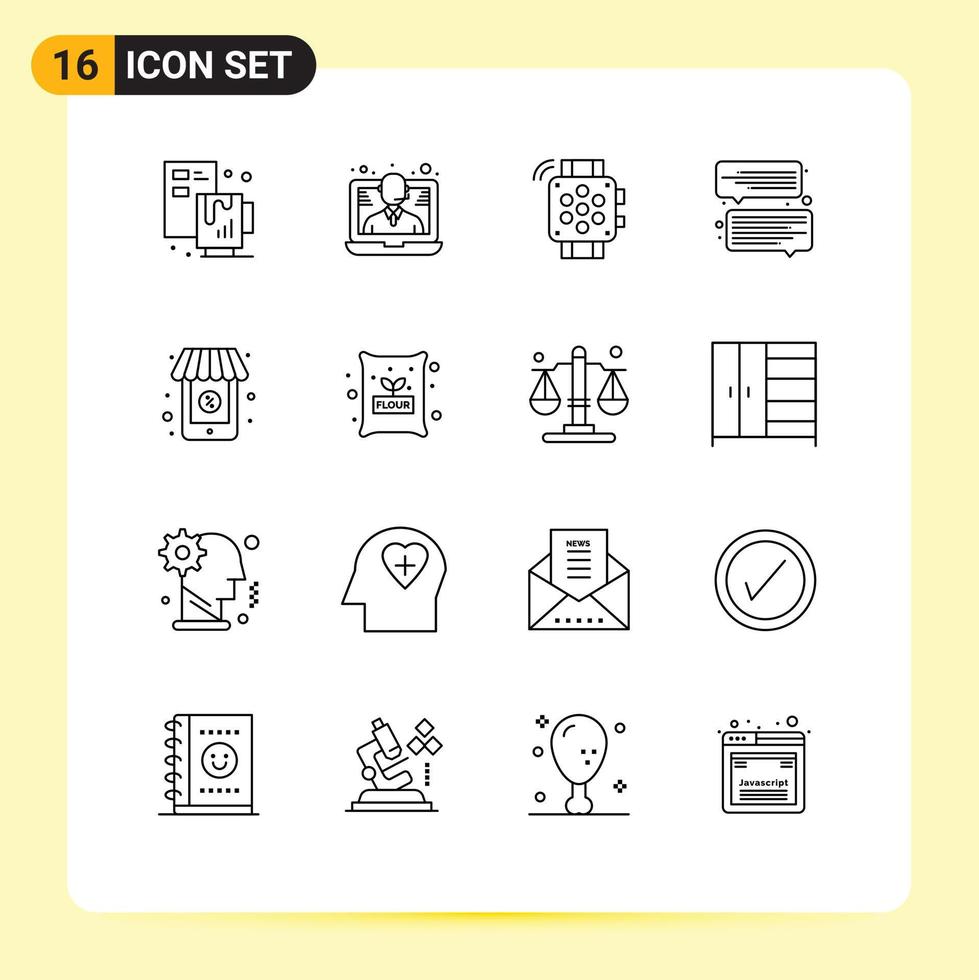 Set of 16 Vector Outlines on Grid for supermarket online watch message chat Editable Vector Design Elements