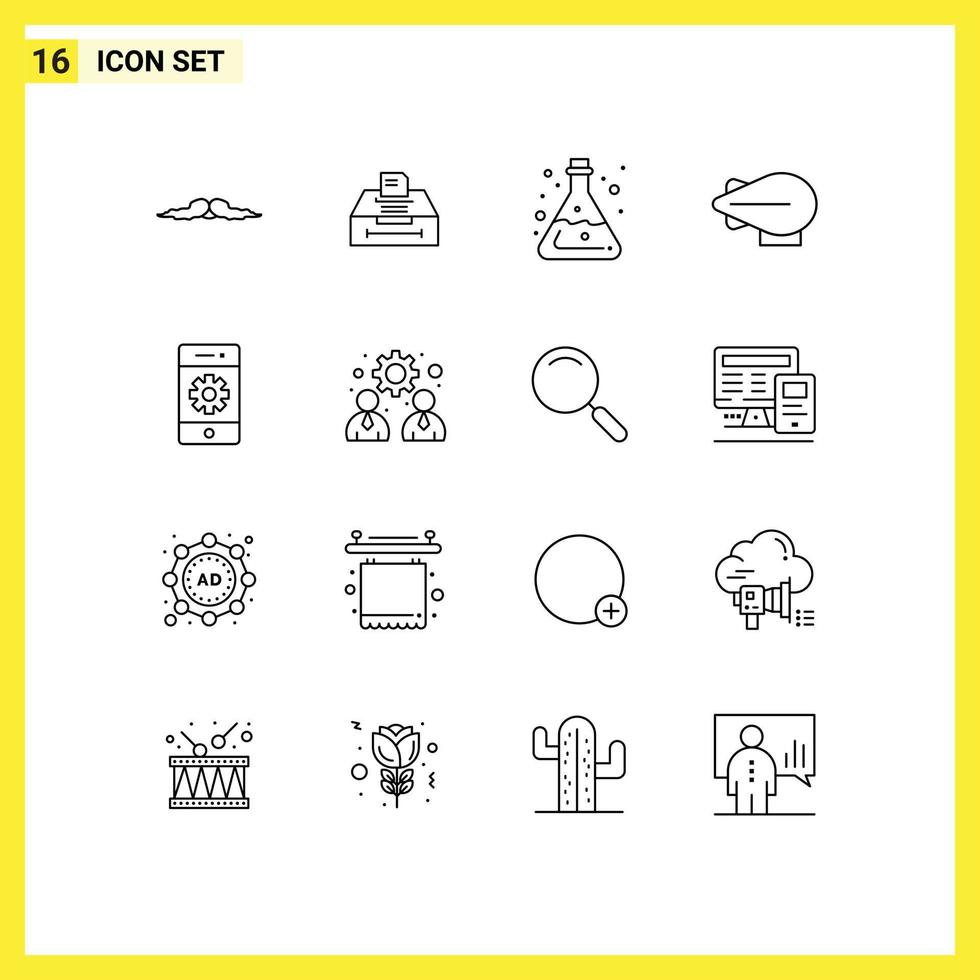 Universal Icon Symbols Group of 16 Modern Outlines of communications zeppelin information airship acid Editable Vector Design Elements