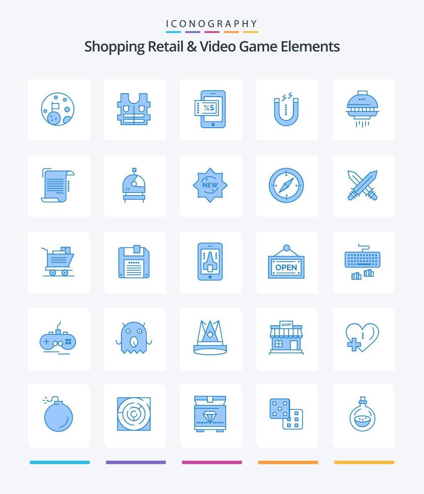 Creative Shoping Retail And Video Game Elements 25 Blue icon pack  Such As ufo. shuttle. shopping. space. attracting vector