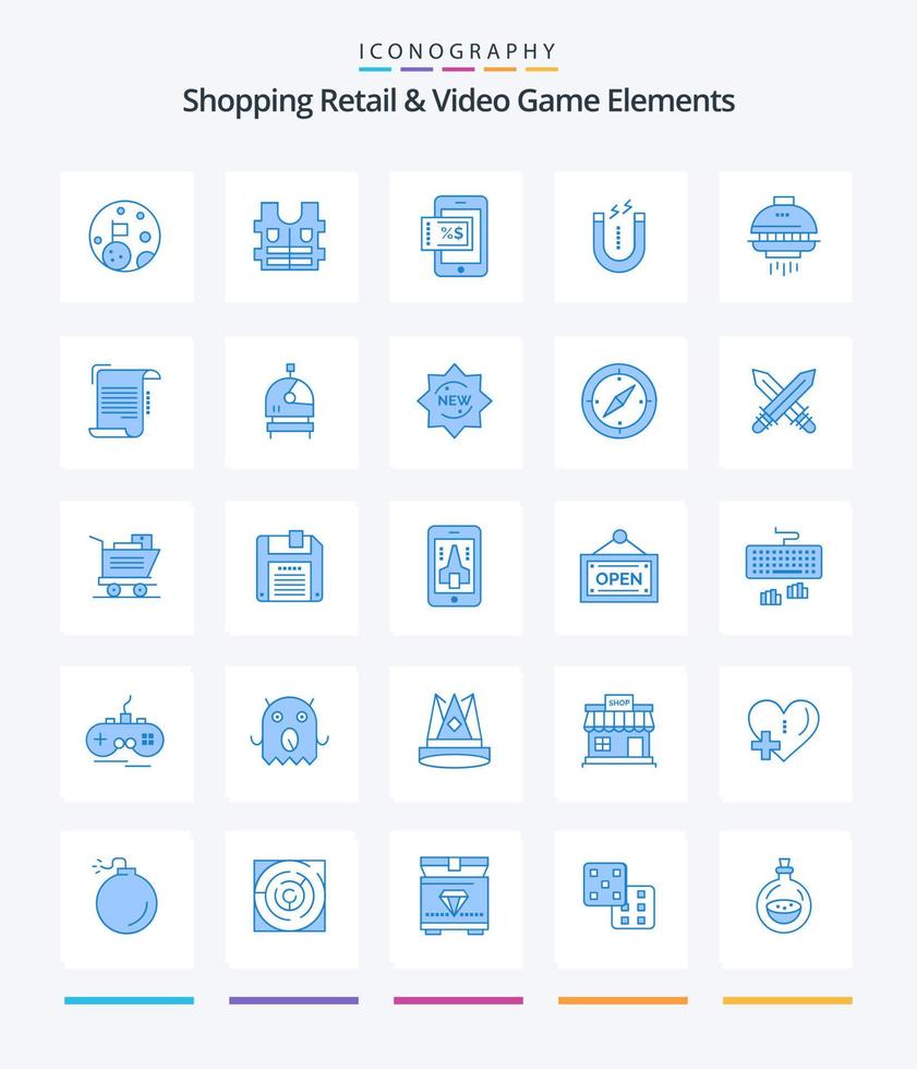 Creative Shoping Retail And Video Game Elements 25 Blue icon pack  Such As ufo. shuttle. shopping. space. attracting vector