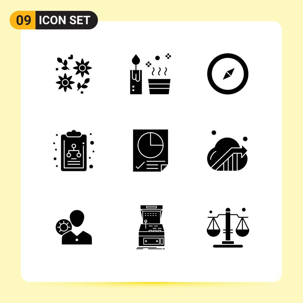 9 Universal Solid Glyph Signs Symbols of report document compass data diagram Editable Vector Design Elements