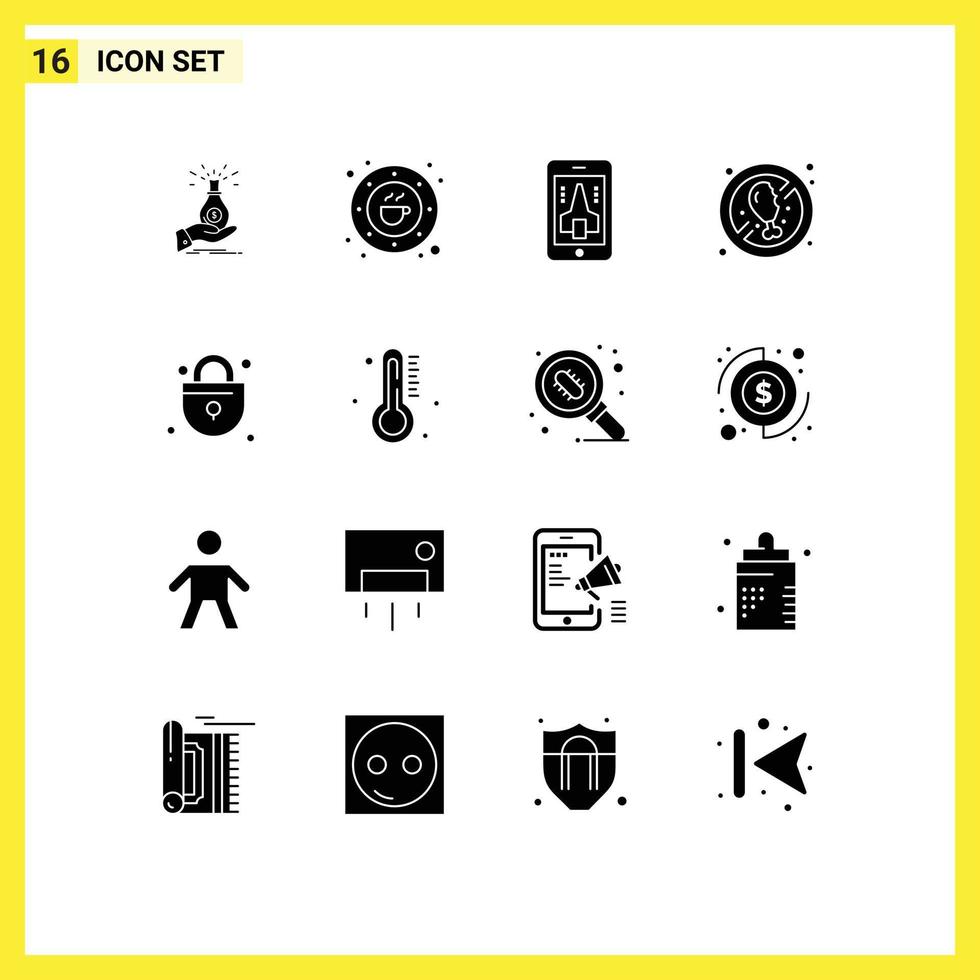 Pack of 16 Modern Solid Glyphs Signs and Symbols for Web Print Media such as no meat mobile bean playing plate Editable Vector Design Elements