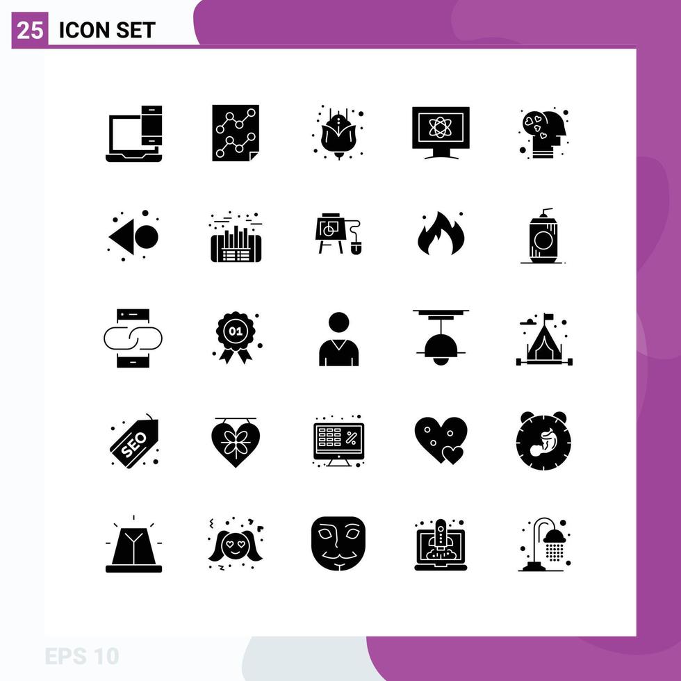 25 Universal Solid Glyph Signs Symbols of brain science paper monitor tulip Editable Vector Design Elements