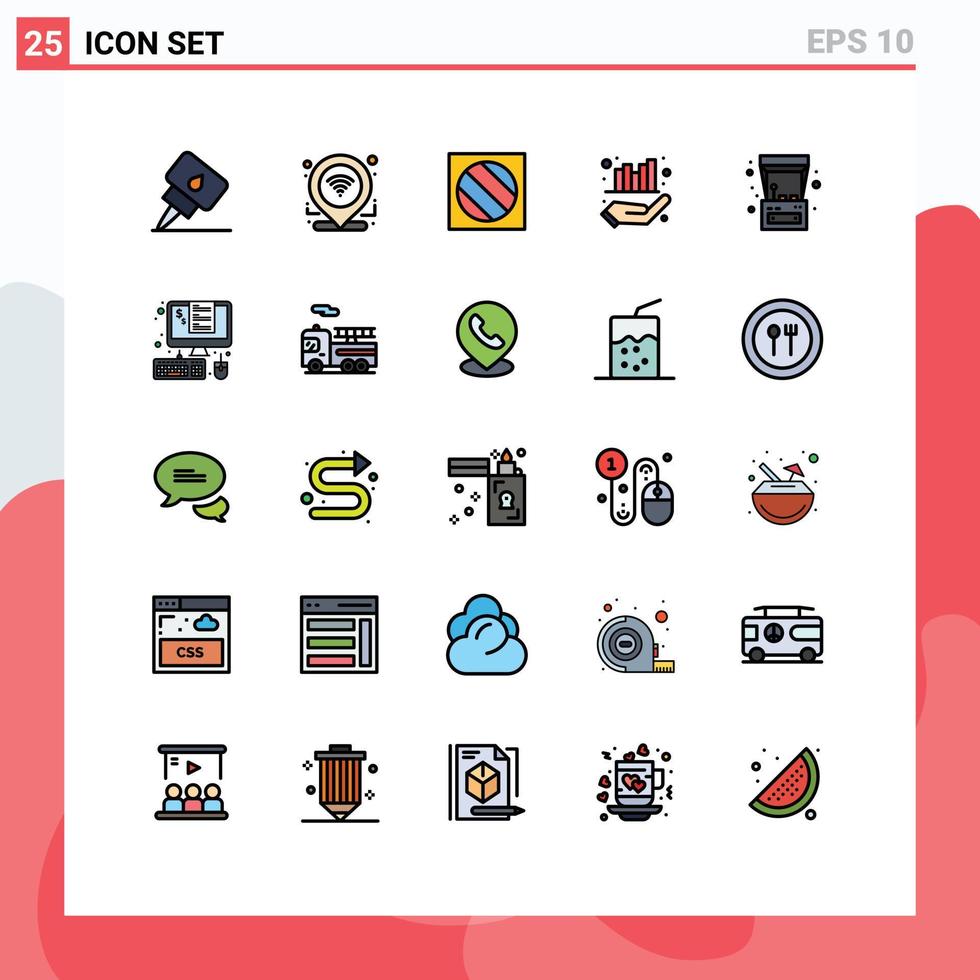 Group of 25 Modern Filled line Flat Colors Set for game arcade machine editing hand management Editable Vector Design Elements