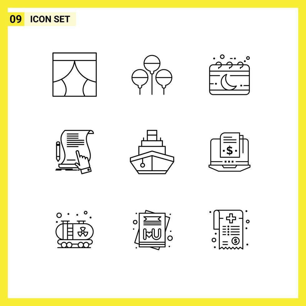 Modern Set of 9 Outlines Pictograph of agreement paper calendar document moon Editable Vector Design Elements