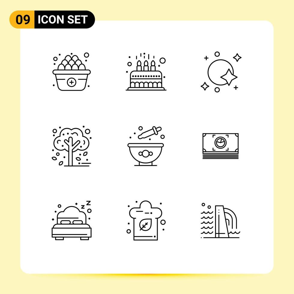 Mobile Interface Outline Set of 9 Pictograms of baking plant astronomy fall spaceship Editable Vector Design Elements