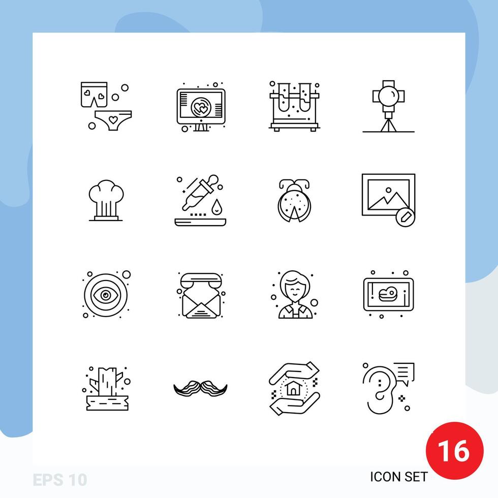 Pack of 16 Modern Outlines Signs and Symbols for Web Print Media such as cap movie chemistry light cinema Editable Vector Design Elements