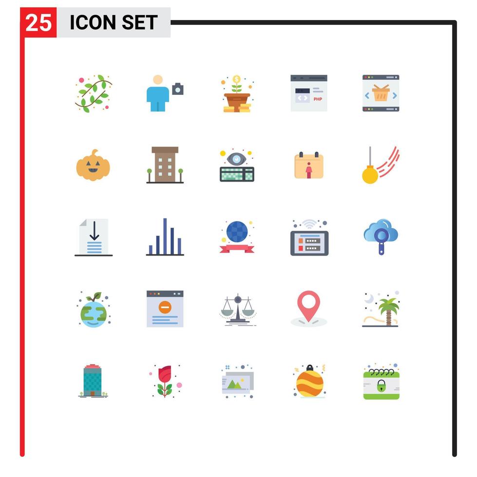 grupo de 25 signos y símbolos de colores planos para php desarrollar elementos de diseño de vectores editables de monedas de codificación de fotos