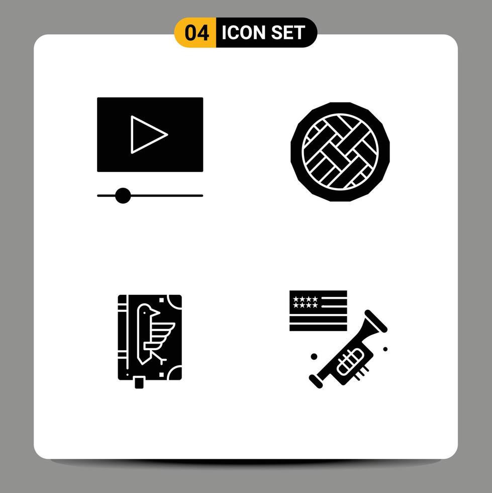 4 Universal Solid Glyphs Set for Web and Mobile Applications cinema codex baking pie declaration Editable Vector Design Elements