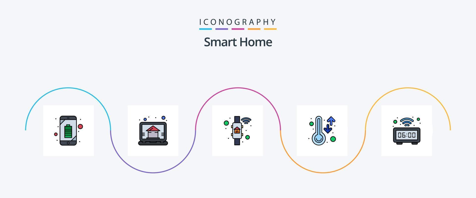 Smart Home Line Filled Flat 5 Icon Pack Including watch. thermometer. access. temperature. screen vector