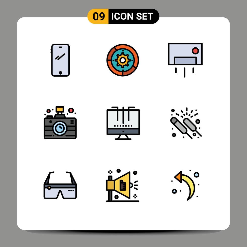 Group of 9 Modern Filledline Flat Colors Set for media camera engine house home Editable Vector Design Elements