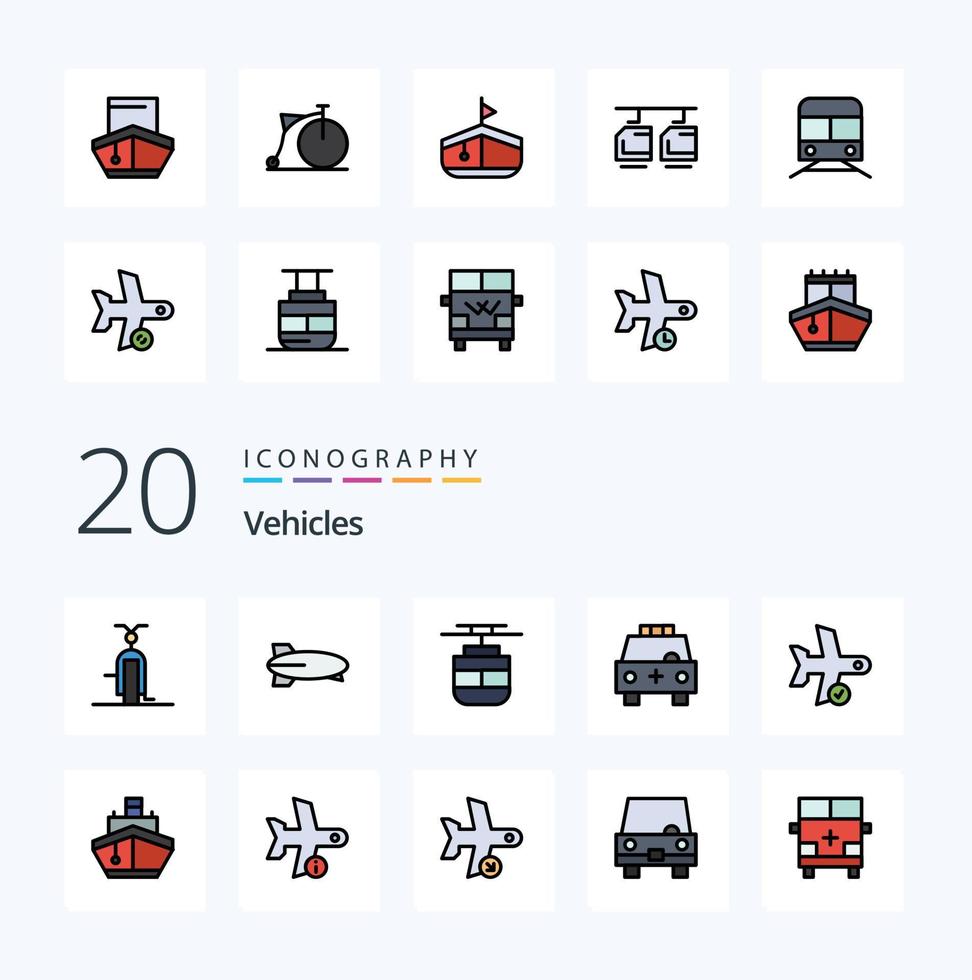 Paquete de iconos de color lleno de línea de 20 vehículos como vehículos llenos de transporte vehículos de automóvil vector