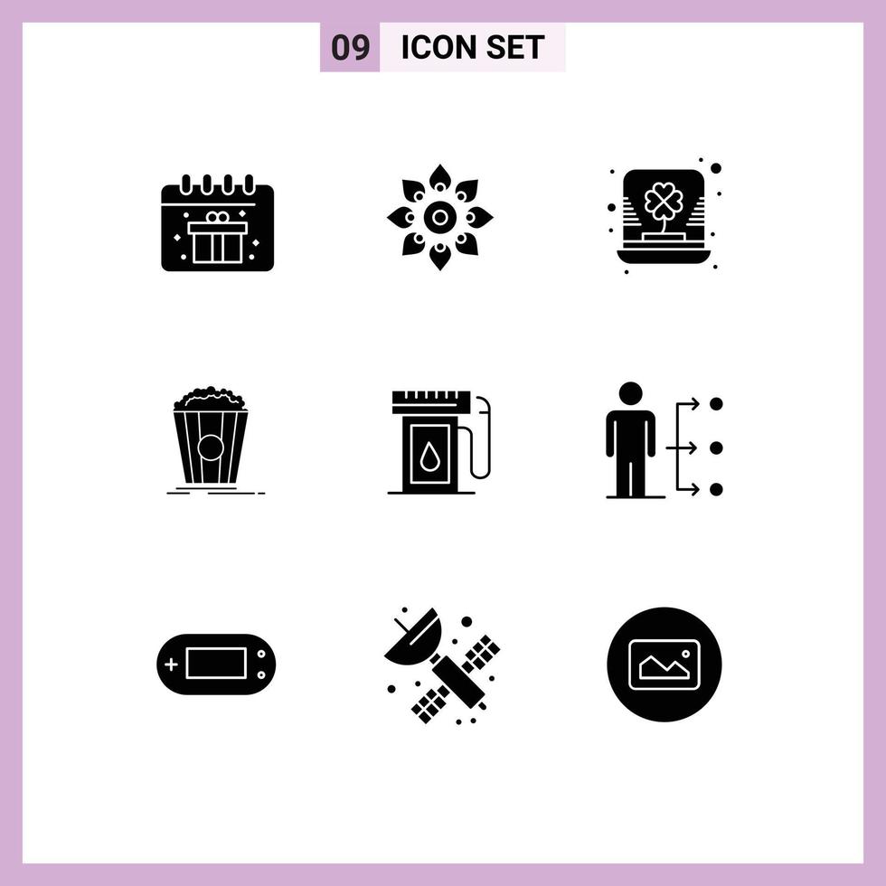 Pack of 9 Modern Solid Glyphs Signs and Symbols for Web Print Media such as snack theater holi popcorn leprechaun Editable Vector Design Elements