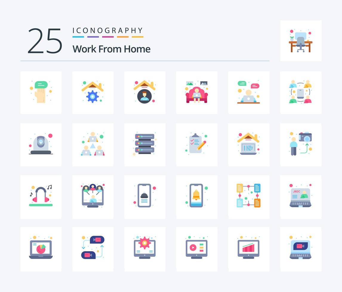 Work From Home 25 Flat Color icon pack including home work. work from home. home. sofa. employee vector