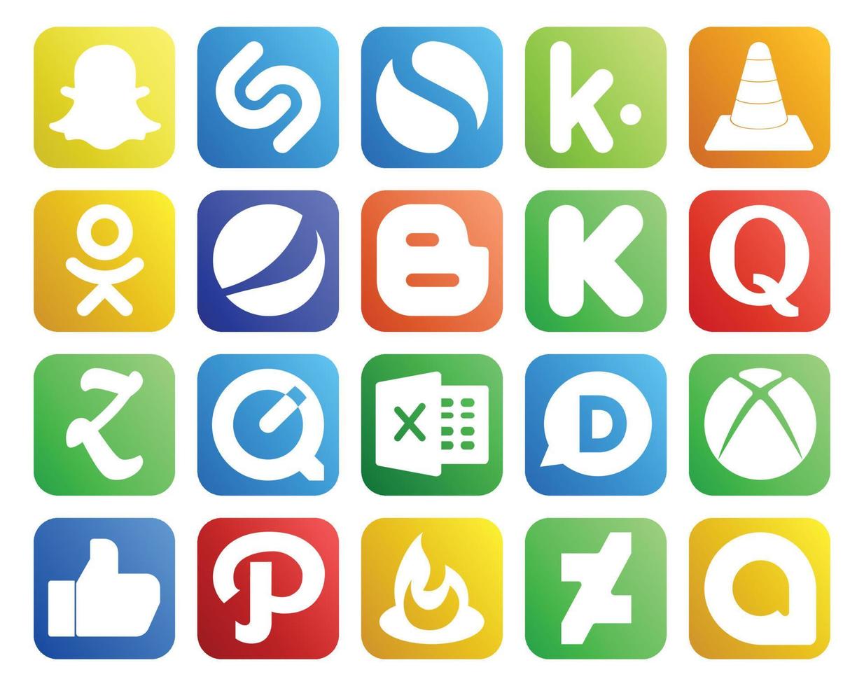 20 Social Media Icon Pack Including xbox excel pepsi quicktime question vector