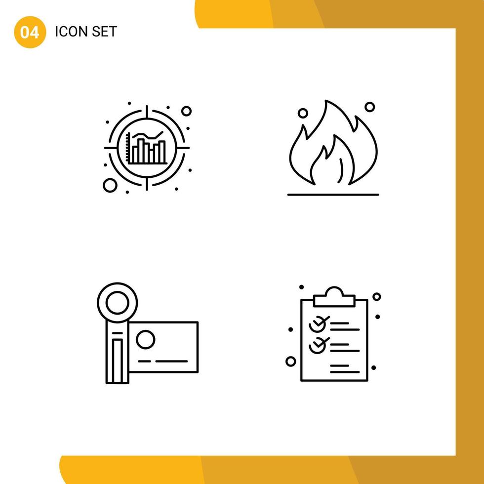 Pack of 4 creative Filledline Flat Colors of analytics handycam fire construction video camera Editable Vector Design Elements