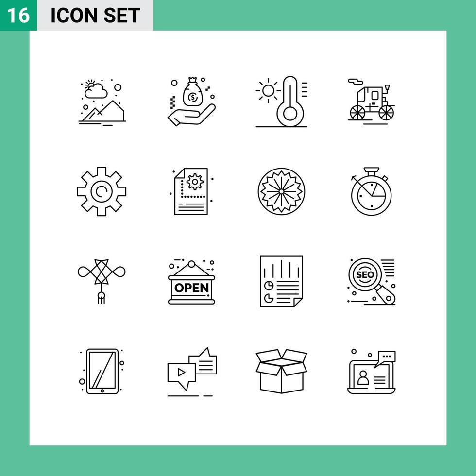 User Interface Pack of 16 Basic Outlines of setting gear hand transport horse drawn vehicle Editable Vector Design Elements