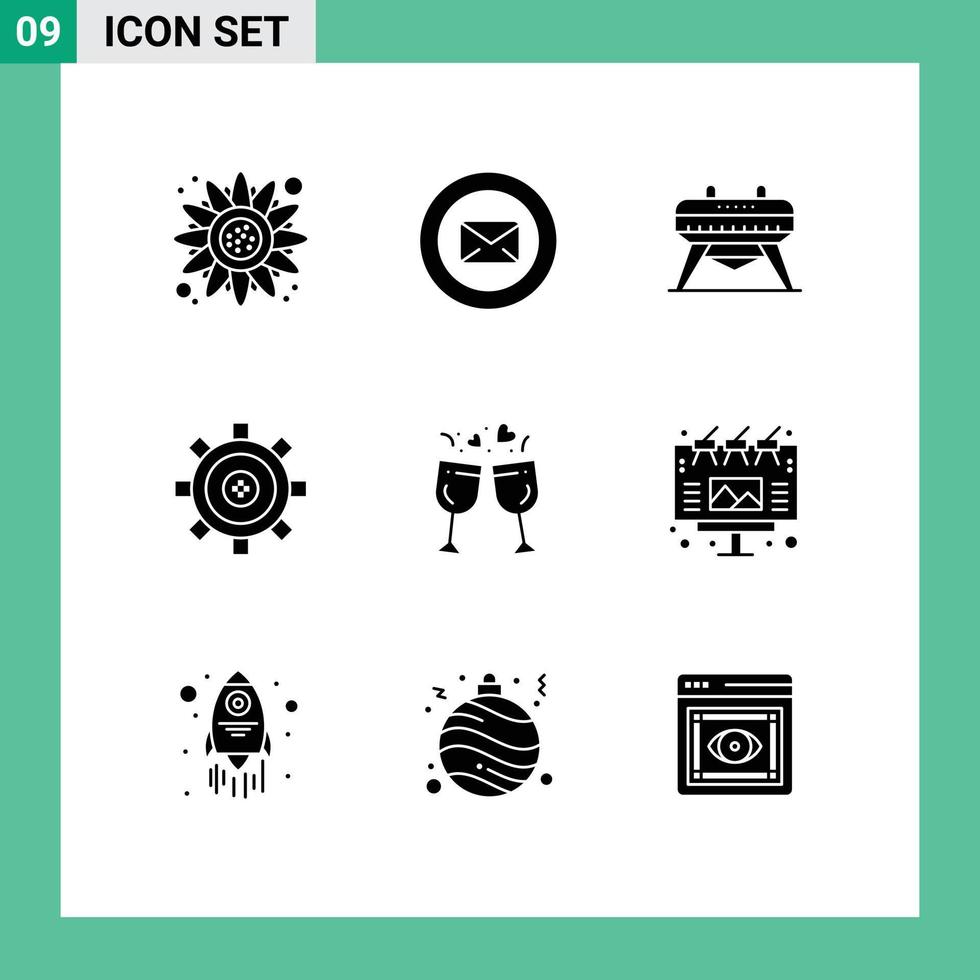 Set of 9 Vector Solid Glyphs on Grid for glass gear typing development coding Editable Vector Design Elements