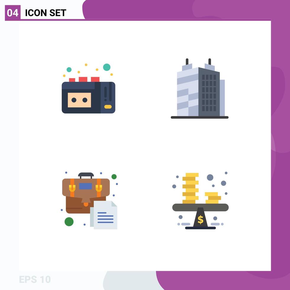 4 User Interface Flat Icon Pack of modern Signs and Symbols of tape recording document building bag business Editable Vector Design Elements