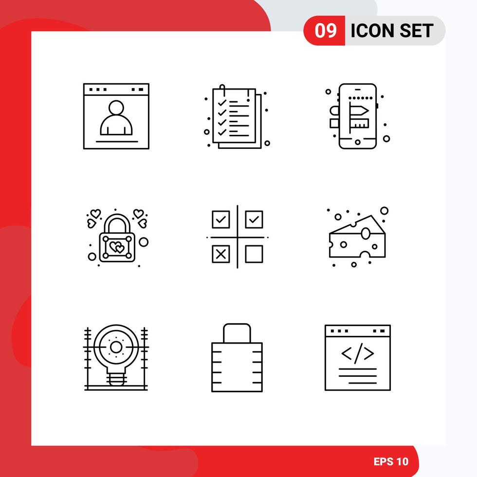 Mobile Interface Outline Set of 9 Pictograms of management padlock text sheet love heart Editable Vector Design Elements