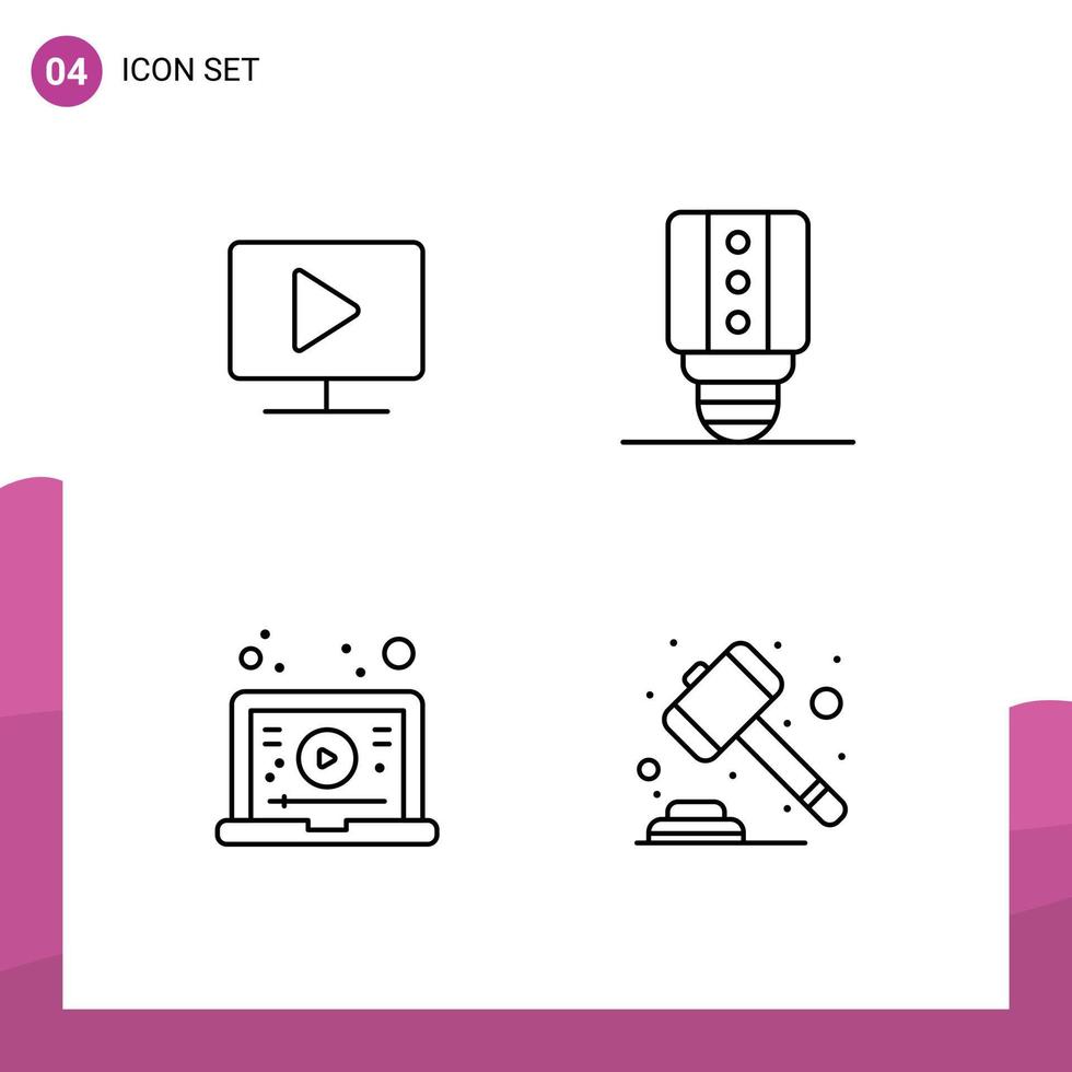 Pictogram Set of 4 Simple Filledline Flat Colors of monitor tutorial play light auction Editable Vector Design Elements
